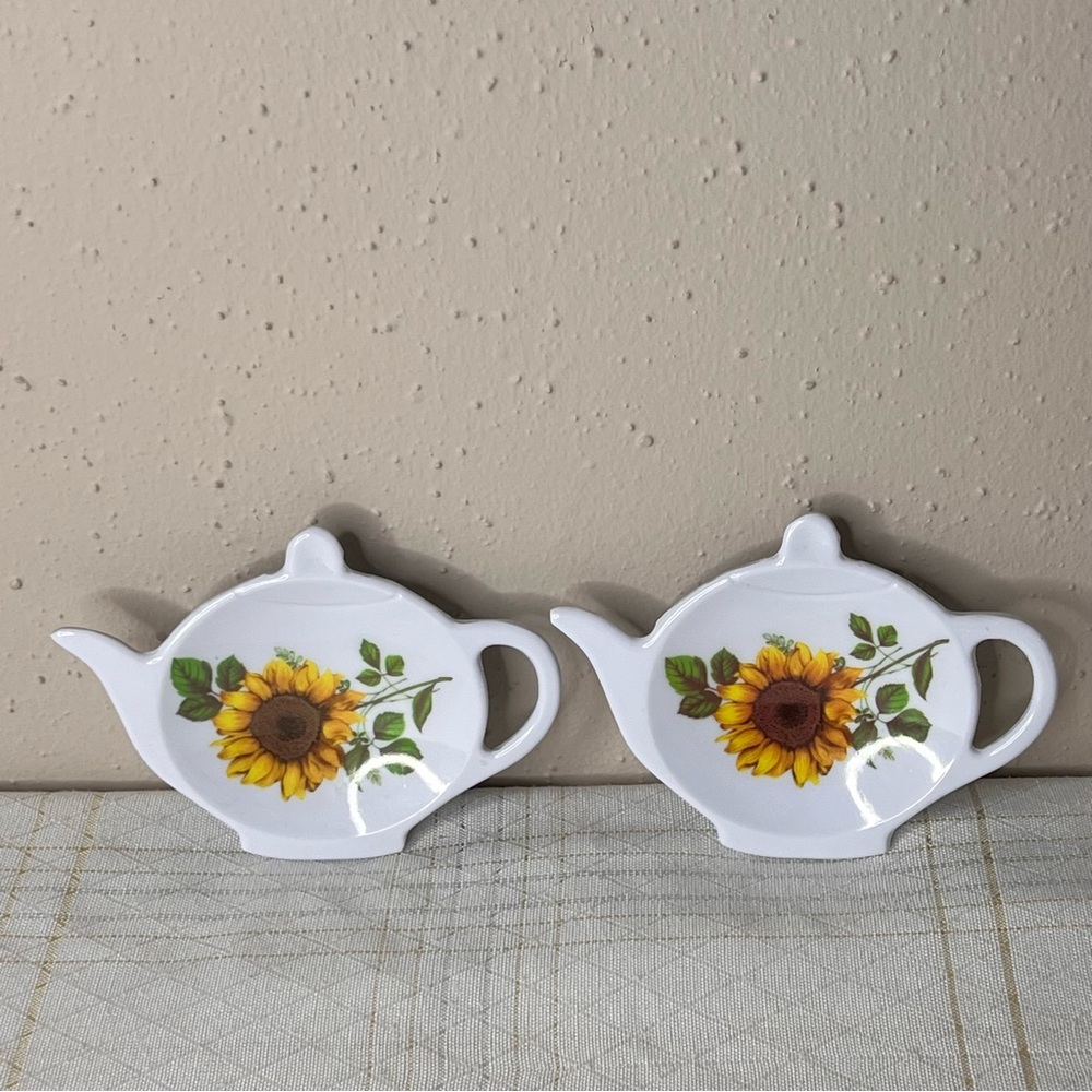 Porcelain Tea Bag Holder Sunflower Floral Hand Painted Vintage Collectible